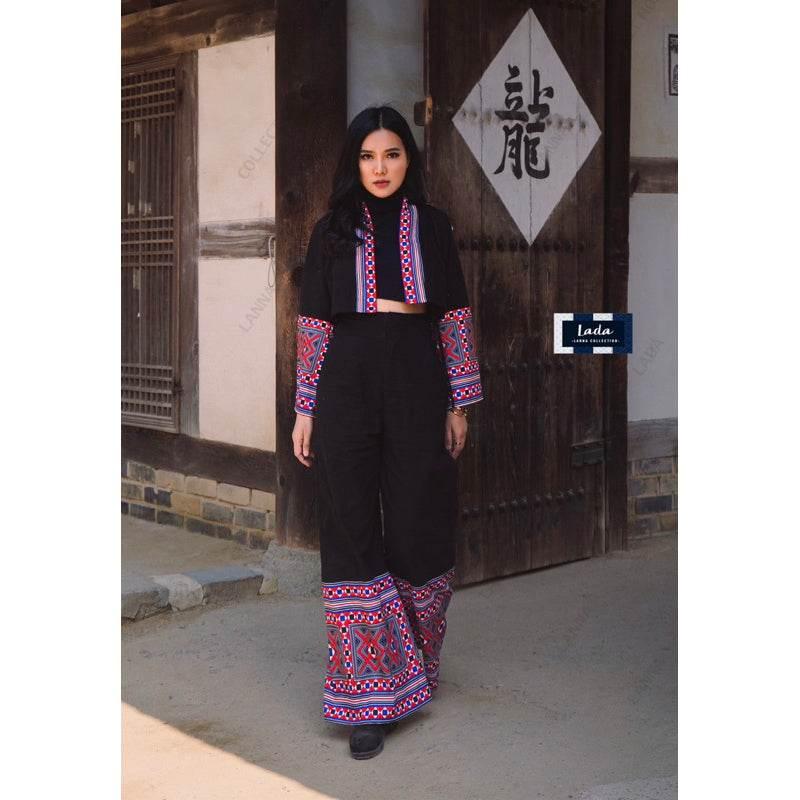 New Dice Pattern Wrap Top Set and Wide Leg Pant Outfit - Ethnic Print Cotton with Polyester Trim for Women - 2 Colors Available