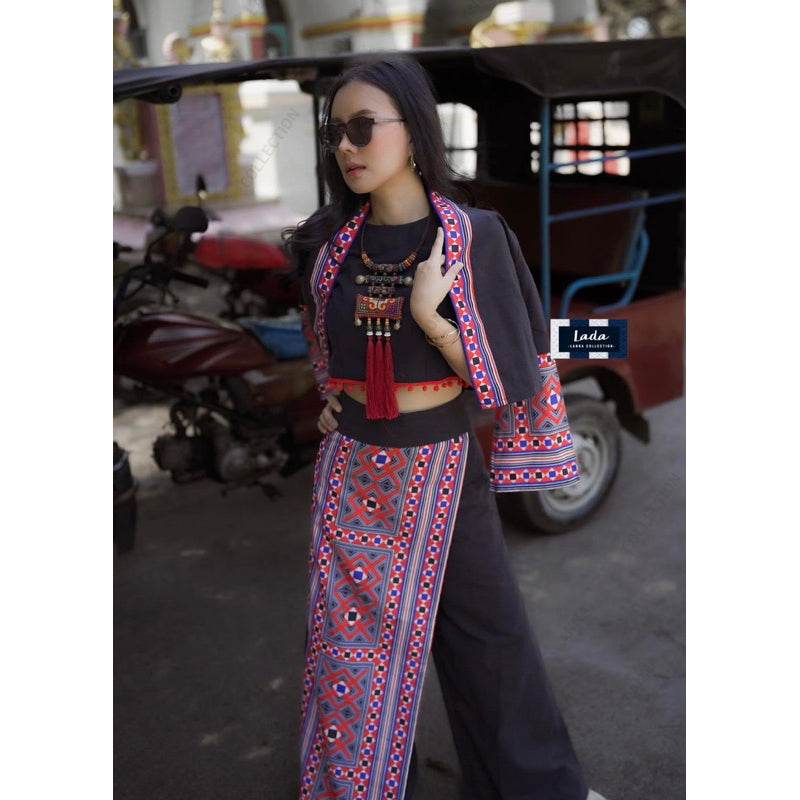 New Ethnic Embroidery Wrap Top &amp; High-Waisted Pants Set – Cream &amp; Black | 2-Piece Cotton Outfit for Women One-Sake.com ดำ / L ดำ / S ดำ / M ดำ / S-ดำ / M-ดำ / L-ดำ / XL-ขาว / S-ขาว / M-ขาว / L-ขาว / XL-
