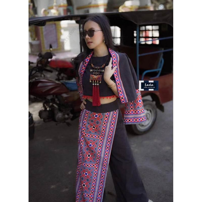 New Ethnic Embroidery Top and Pants Set - Cream & Black High-Waisted Cotton Outfit for Women