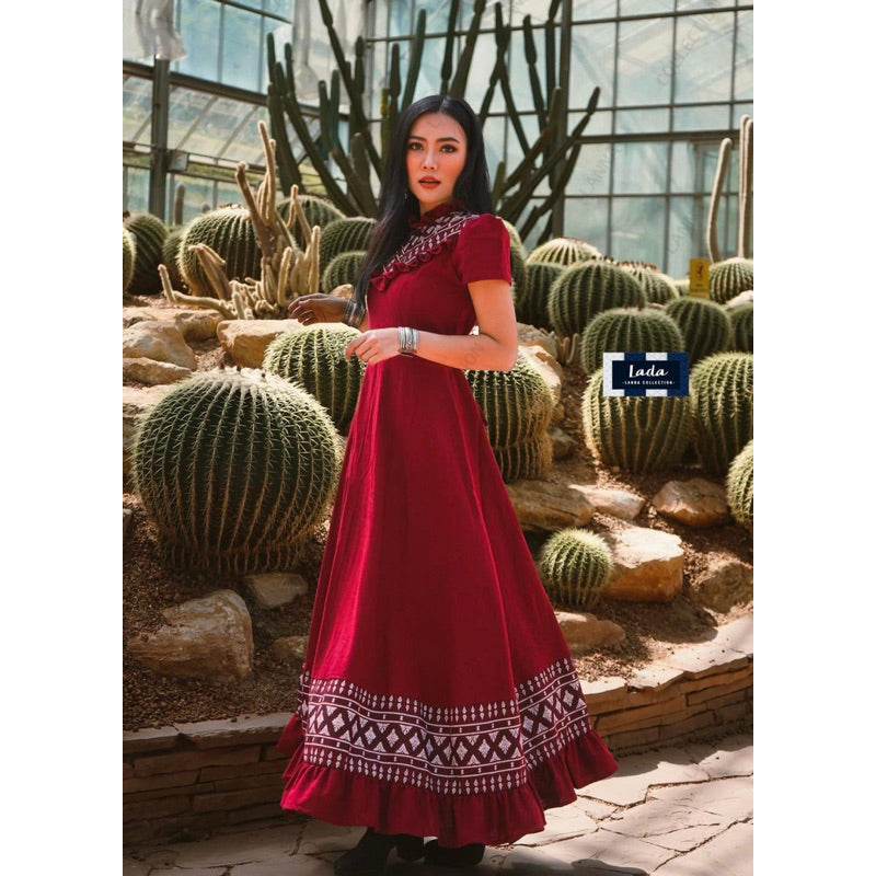 Elegant Princess Wrap Dress with Ruffle Neckline – Navy &amp; Wine Red | Flattering Fit, Slimming Design for All Body Types One-Sake.com Red / L Red / S Red / M Red / S-Red / M-Red / L-Red / XL-Nevy / S-Nevy / M-Nevy / L-Nevy / XL-
