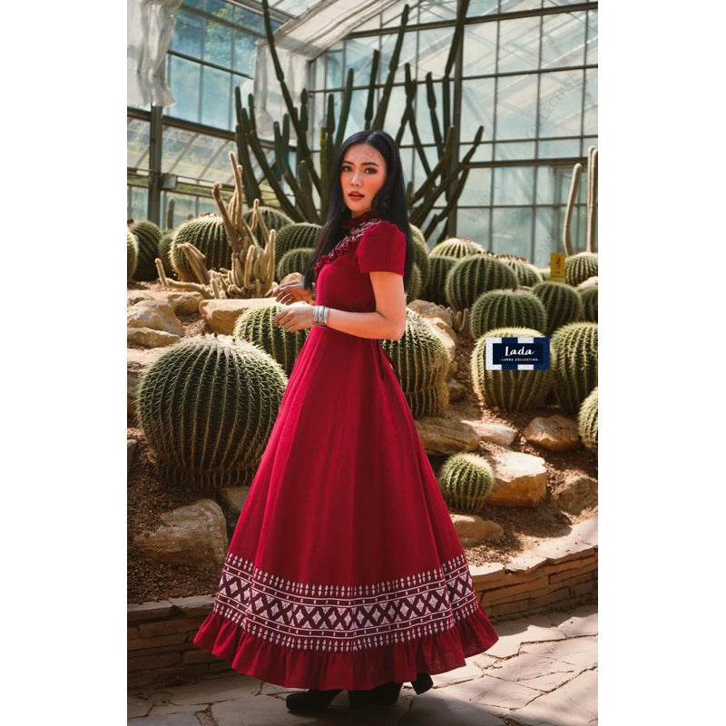 Elegant Princess Wrap Dress with Ruffle Neckline – Navy &amp; Wine Red | Flattering Fit, Slimming Design for All Body Types One-Sake.com Red / L Red / S Red / M Red / S-Red / M-Red / L-Red / XL-Nevy / S-Nevy / M-Nevy / L-Nevy / XL-