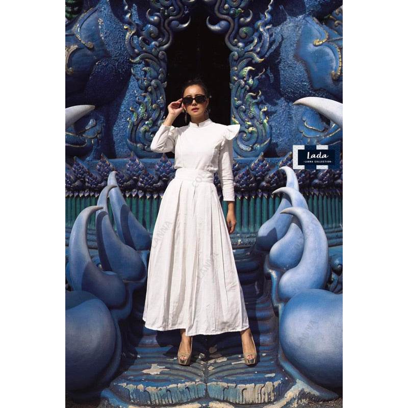 New White Cotton Borom Phiman Blouse &amp; Pleated Skirt Set | Modest Temple Outfit in Thai Style – S–XL Sizes One-Sake.com L S M S-M-L-XL-