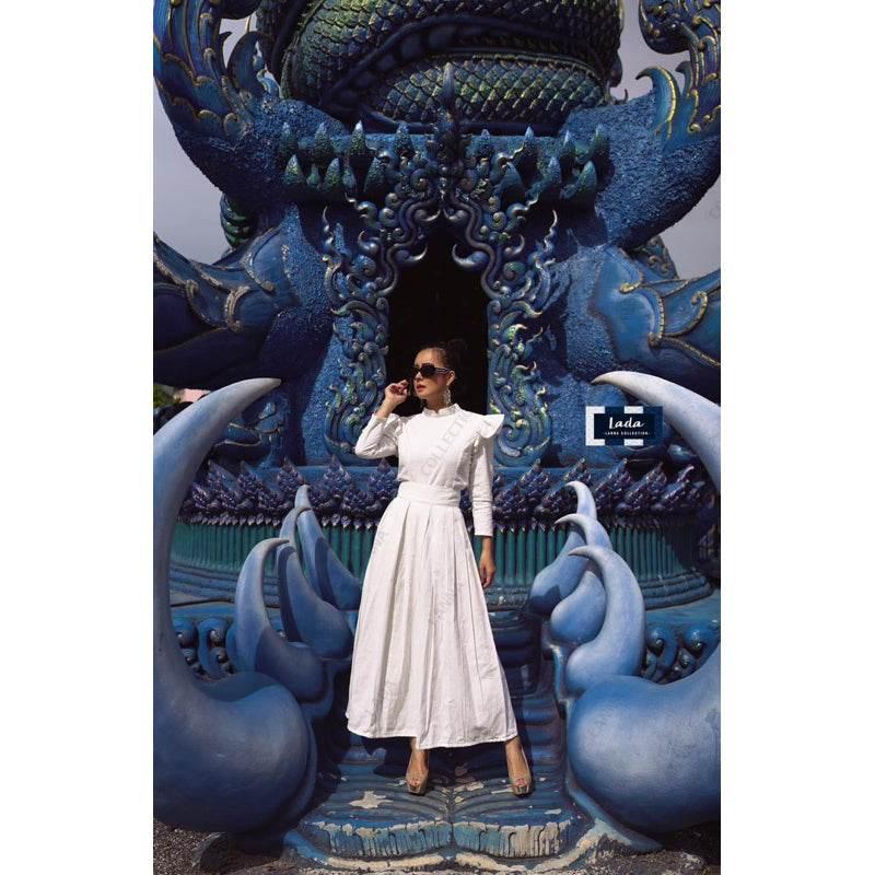New White Cotton Borom Phiman Blouse and Pleated Skirt Set in Thai Style Modest Outfit – Sizes S to XL