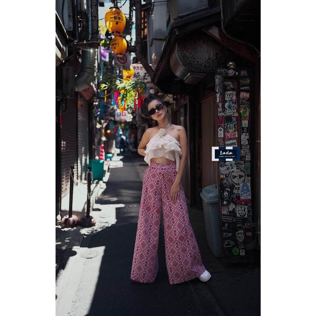 Ethnic Wide-Leg Cotton Pants - High-Waisted Travel-Friendly Trousers in Red, Purple & Cream | Sizes S–XL แดง