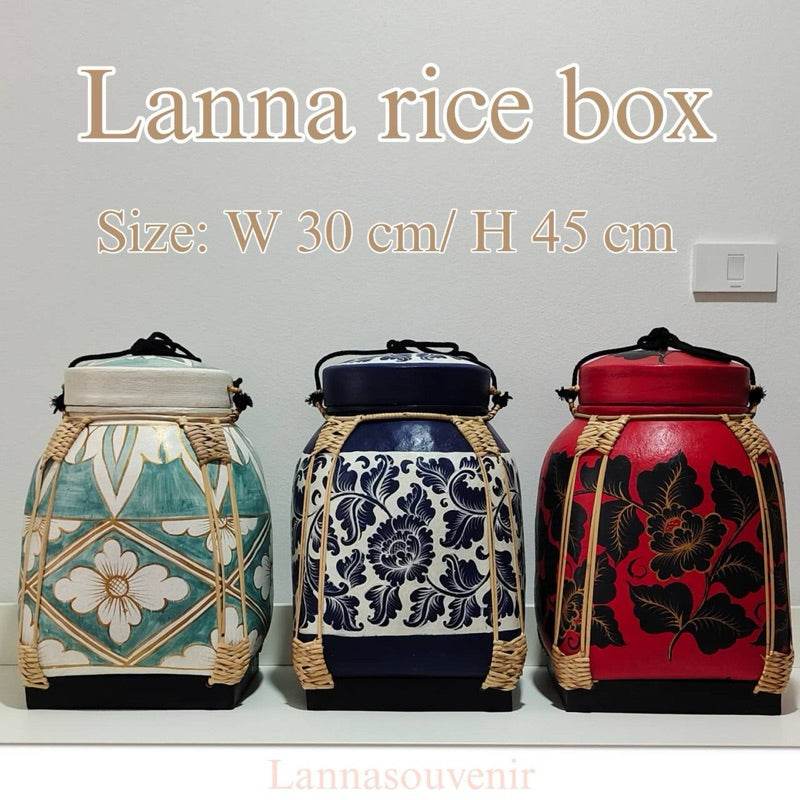 Three Lanna rice boxes with intricate floral designs in green, blue, and red colors featuring handmade Thai decorative tray style by One-Sake.com