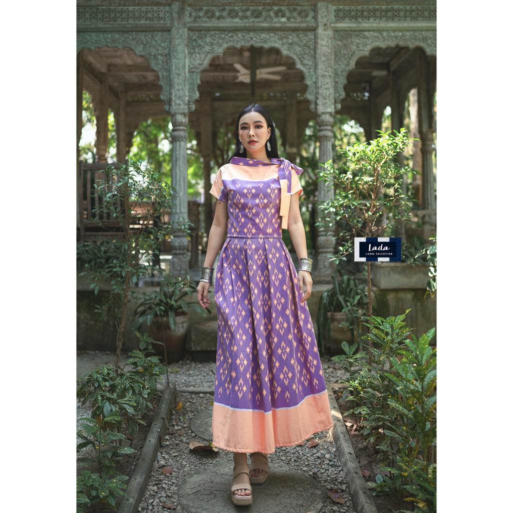 Printed Cotton Pastel Krok Dork Kaew Blouse &amp; Pleated Skirt Set – 3 Colors | Thai-Inspired Modest Outfit for Women One-Sake.com ม่วง / L ม่วง / S ม่วง / M ม่วง / S-ม่วง / M-ม่วง / L-ม่วง / XL-เทา / S-เทา / M-เทา / L-เทา / XL-ครีม / S-ครีม / M-ครีม / L-ครีม / XL-