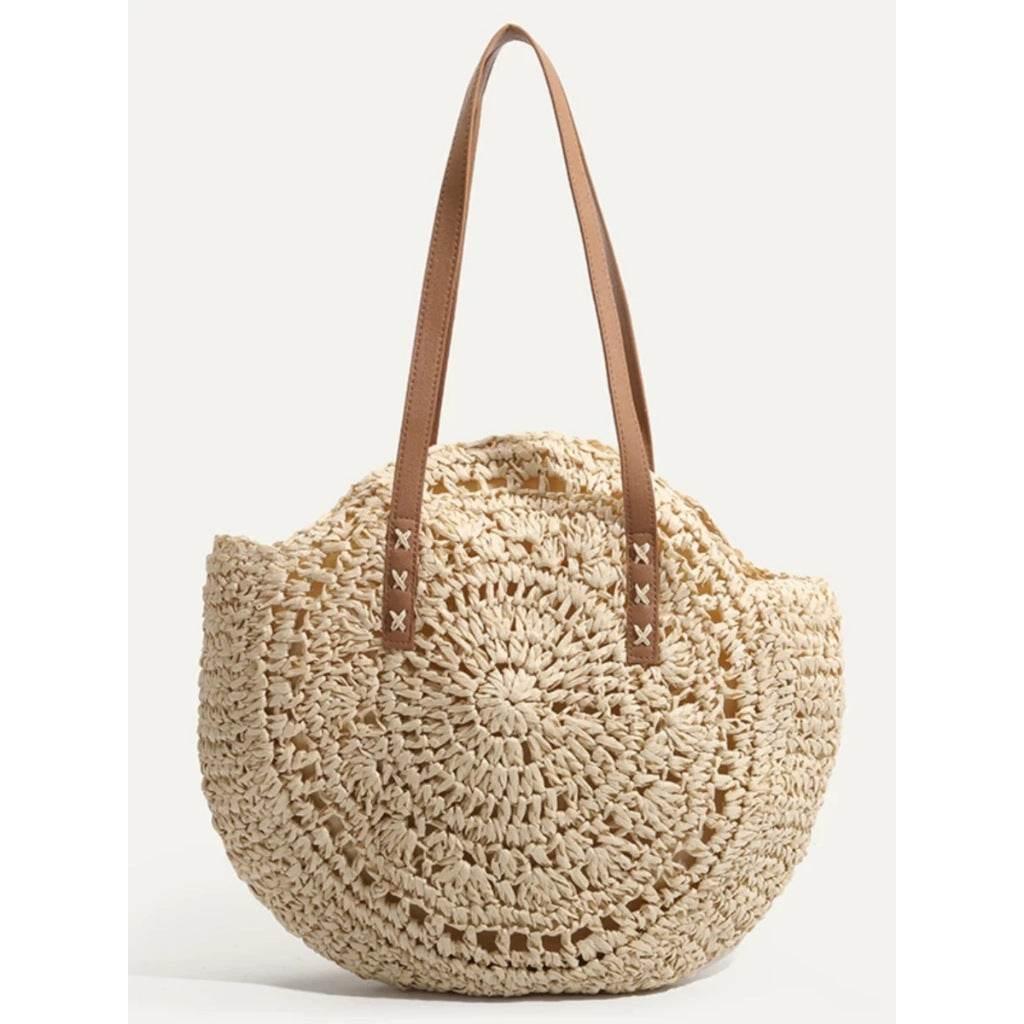 New Handwoven Round Tote Bag with Leather Strap – 44cm Cotton Rope Bag for Women | Unique Crochet Design & Natural Texture off white-1