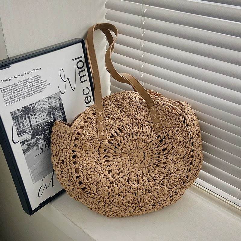 New Handwoven Big Round Bag with Leather Strap – 44cm Width Cotton Rope Tote for Women | Unique Crochet Pattern &amp; Natural Texture One-Sake.com off white-2 off white-1 khaki-1 off white-1-khaki-1-off white-2-khaki-2-