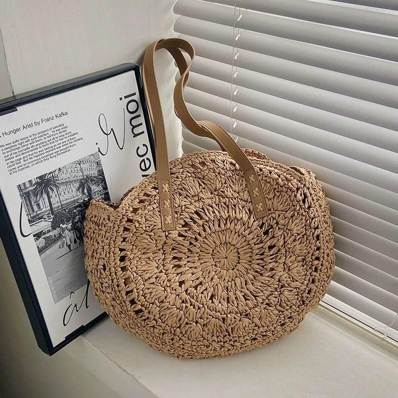 New Handwoven Round Tote Bag with Leather Strap – 44cm Cotton Rope Bag for Women | Unique Crochet Design & Natural Texture khaki-1