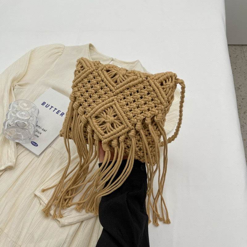 Boho Square Woven Shoulder Bag – Affordable Beach Tote with Long Strap | Approx. 17cm x 18cm &amp; 50cm Strap One-Sake.com green brown white brown-white-green-khaki-black-pink-gery-