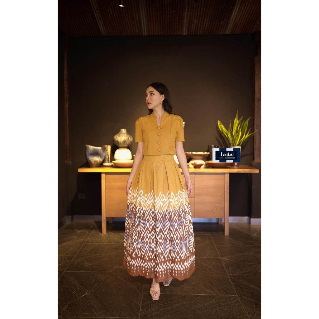 Soft Color 2-Piece Cotton Set with Collar Top &amp; Pleated Skirt – Mustard Yellow, Sky Blue &amp; Purple | Flattering Fit for Women One-Sake.com ม่วง / L ม่วง / S ม่วง / M ม่วง / S-ม่วง / M-ม่วง / L-ม่วง / XL-เหลือง / S-เหลือง / M-เหลือง / L-เหลือง / XL-ฟ้า / S-ฟ้า / M-ฟ้า / L-ฟ้า / XL-