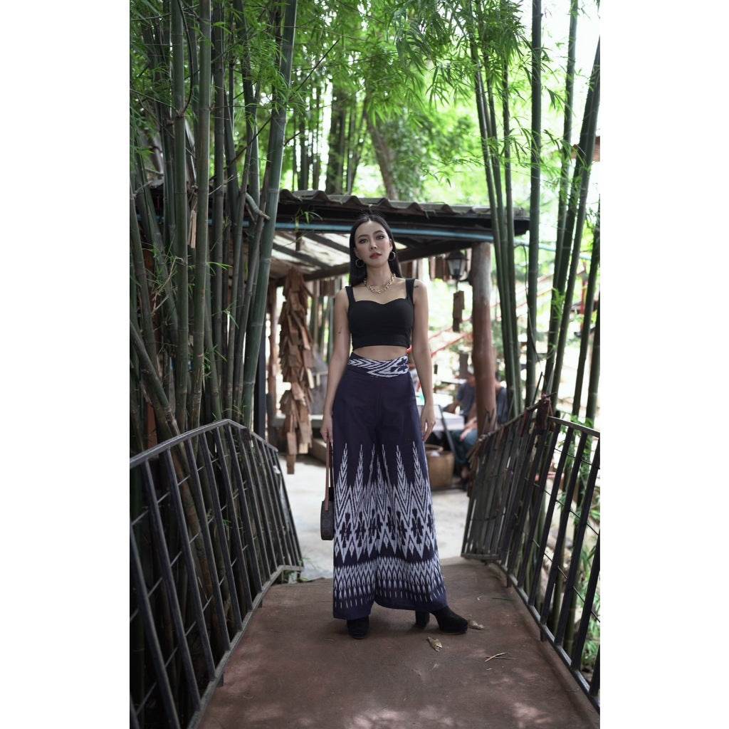 Navy Blue Pine Tree Print Flared Cotton Pants – High Waist Wide Leg Trousers for Women | Mud-Dyed Soft Fabric One-Sake.com L S M S-M-L-XL-