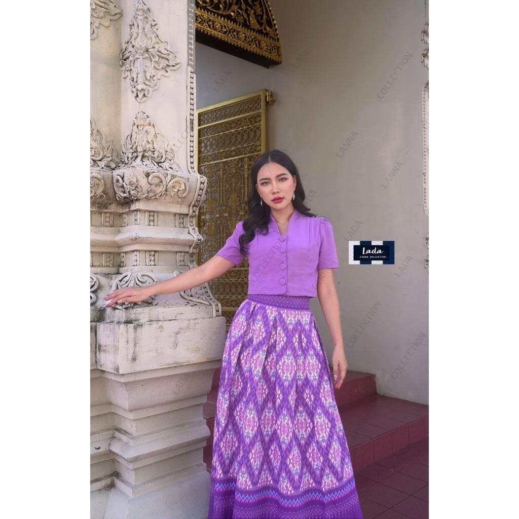 New Stairway to Heaven Cotton Set - 2-Piece Short Sleeve Collar Top with Pleated Skirt in Yellow, Blue & Purple