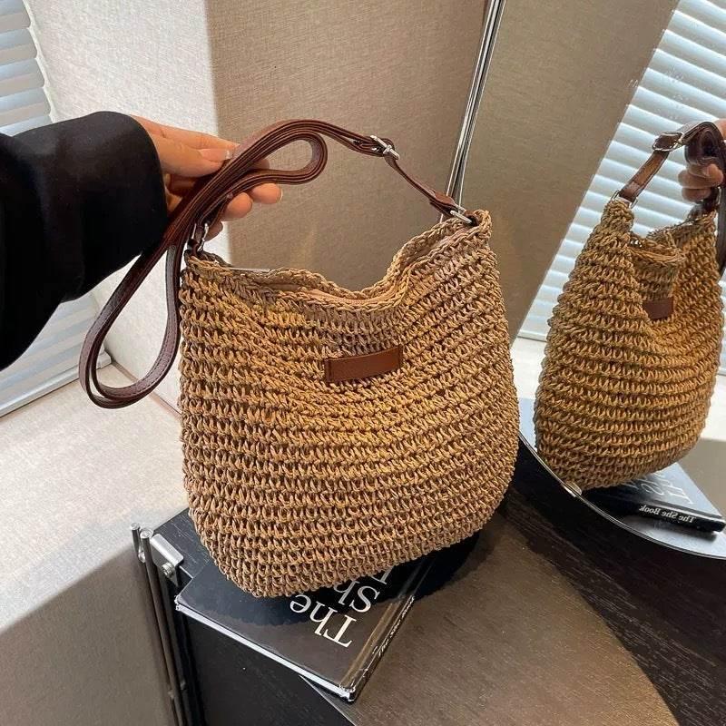 Korean Braided Crochet Shoulder Bag 23x29cm with Zipper Lining Adjustable Strap Natural Cotton Rope