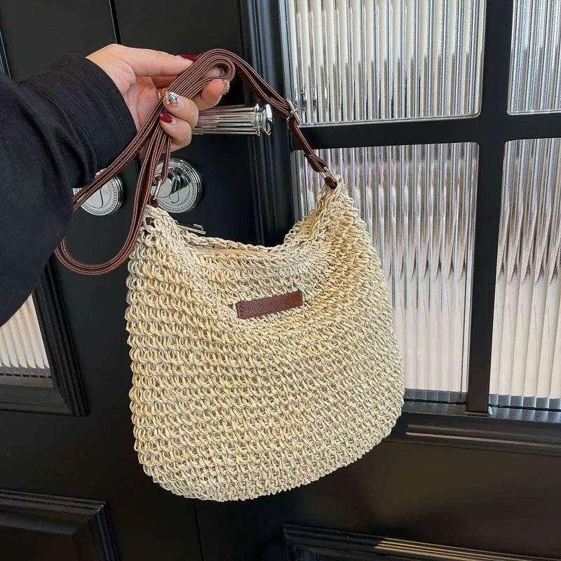 Korean Braided Crochet Shoulder Bag 23x29cm with Zipper Lining Adjustable Strap Natural Cotton Rope white off
