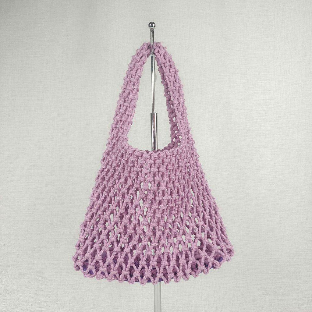 7-Color Crochet Rope Shoulder Bag with Leather Base – Handmade Cotton Tote for Women | Approx. 50cm Height One-Sake.com green White khaki White-khaki-green-purple-Blue-Yellow-Black-