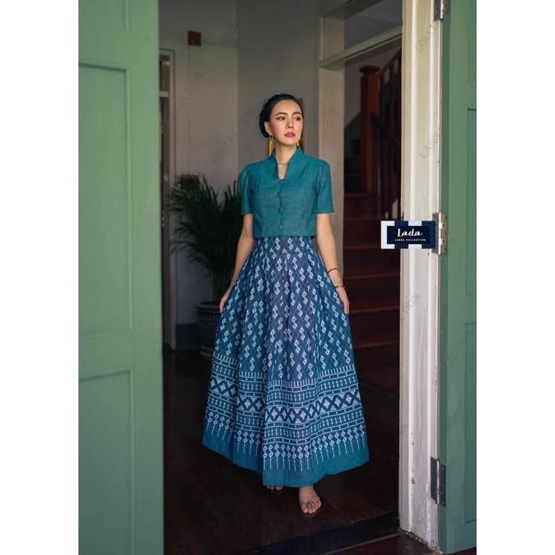 Must-Have Cotton Mandarin Collar Top Set with Pleated Skirt for Stylish Work and Daily Wear in 4 Chic Colors เขียว