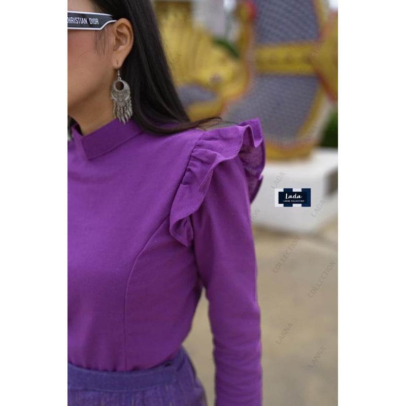 Royal Broomphiman Inspired Cotton Set with Shoulder Ruffles &amp; Pine Print Tube Skirt | Elegant Thai Style Outfit in Yellow, Green, and Purple One-Sake.com เหลือง / L เหลือง / S เหลือง / M เหลือง / S-เหลือง / M-เหลือง / L-เหลือง / XL-เขียว / S-เขียว / M-เขียว / L-เขียว / XL-ม่วง / S-ม่วง / M-ม่วง / L-ม่วง / XL-
