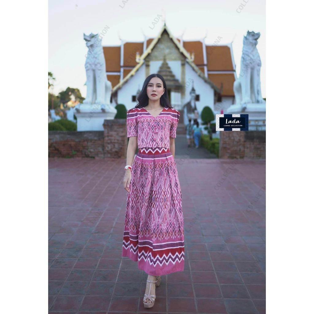 Pastel Print Cotton Set: Button Top & Pleated Skirt – S–XL Sizes | Women's Traditional Thai-Inspired Attire ชมพู