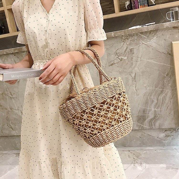 New Korean Handmade Woven Tote Bag for Women – Cotton Rope &amp; Natural Material with Inner Pocket | 2 Color Options One-Sake.com off white khaki off white-khaki-