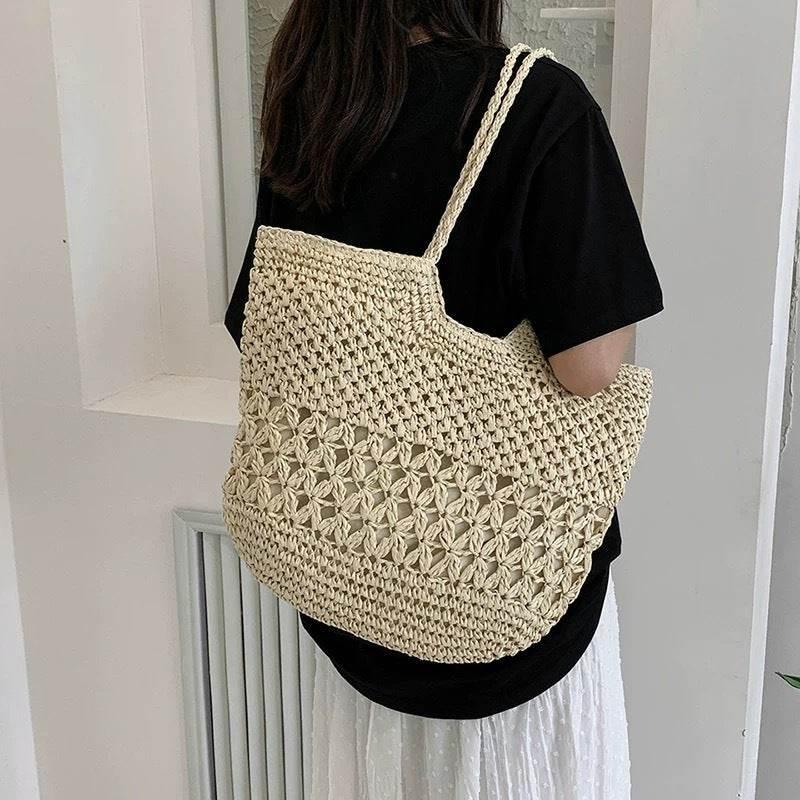 New Handwoven Cotton Rope Bag - Large 35x46cm Shoulder Tote for Women | Natural Material & 2 Color Choices