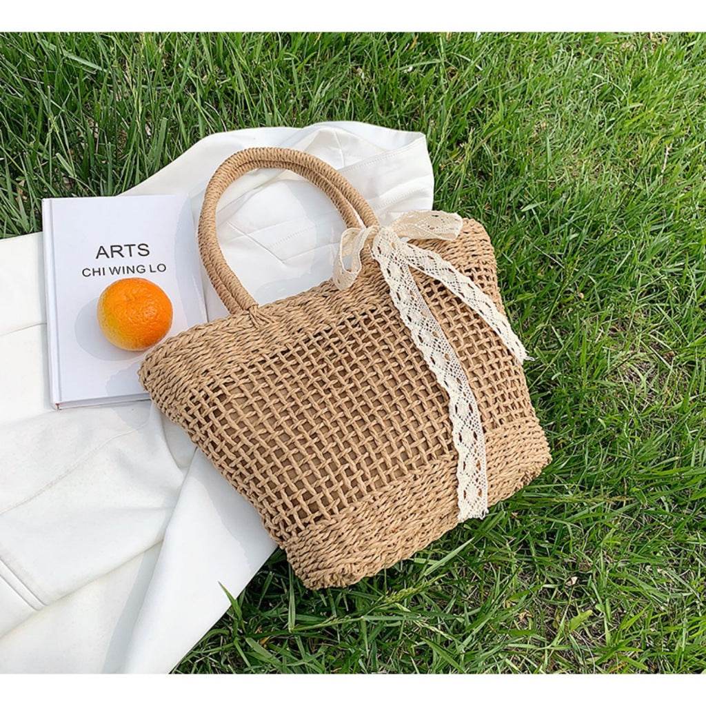 Japanese &amp; Korean Style Woven Tote Bag – Large Capacity Handmade Cotton Rope Bag in 2 Colors | Shoulder Tote 39cm Width One-Sake.com white off brown white off-brown-
