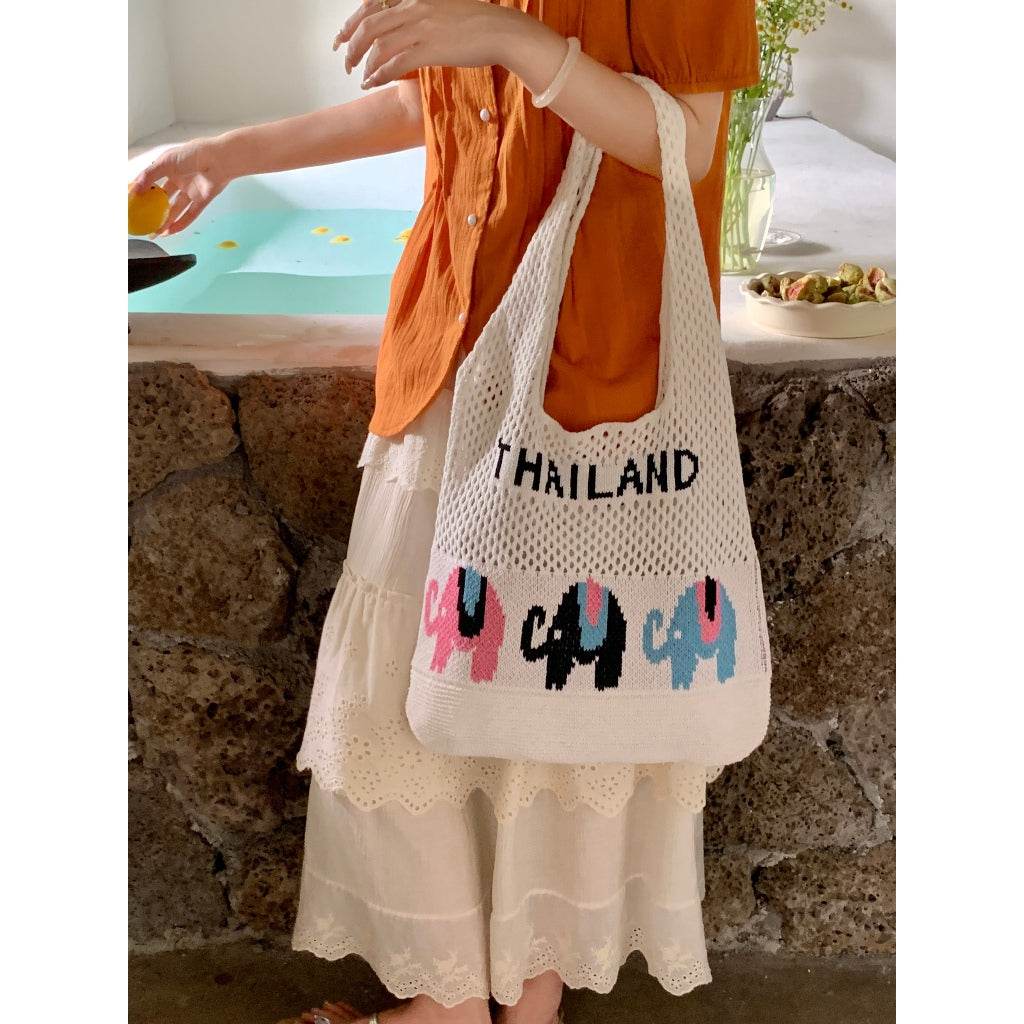 Handwoven Elephant Pattern Crossbody Bag – Large Cotton Rope Tote for Women | 58cm Natural Fiber Bag with 35cm Width One-Sake.com white khaki white-khaki-