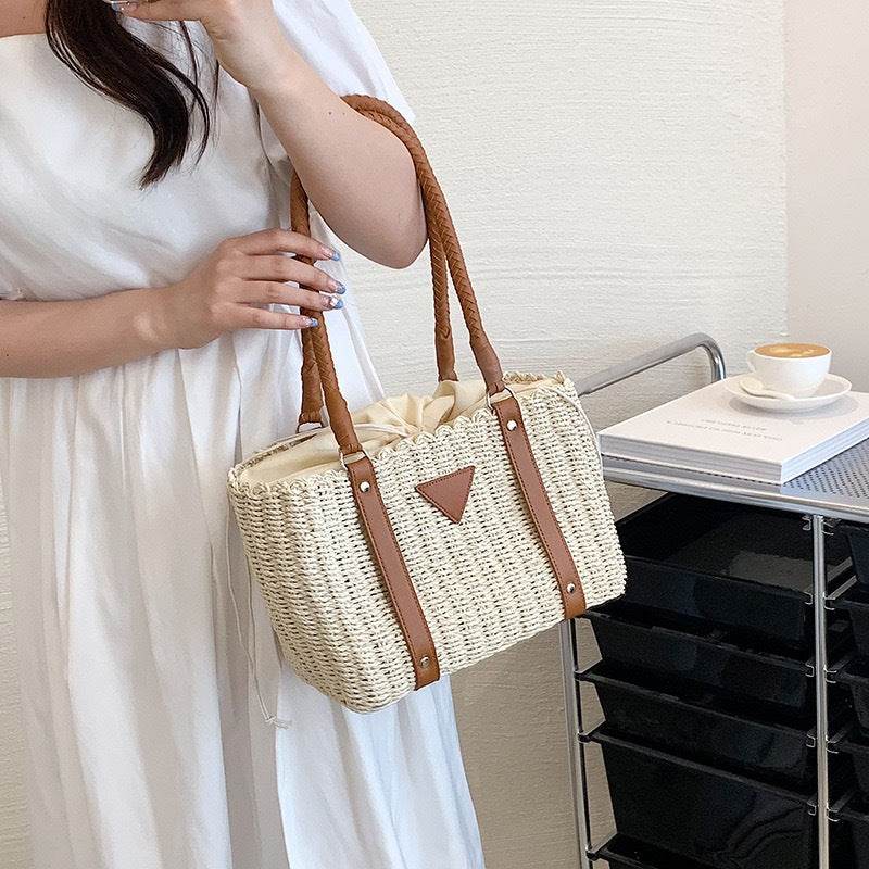 New French Style Handwoven Shoulder Bag – Zip Closure Cotton Rope Bag | 22x28cm Size with 56cm Strap for Women One-Sake.com khaki white off khaki-white off-