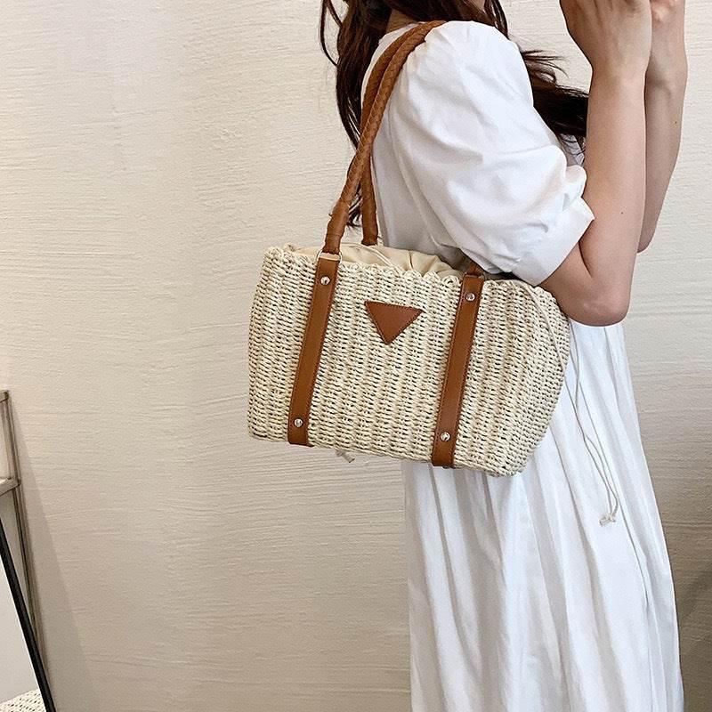 New French Style Handwoven Shoulder Bag - Cotton Rope, Zip Closure, 22x28cm, 56cm Strap for Women