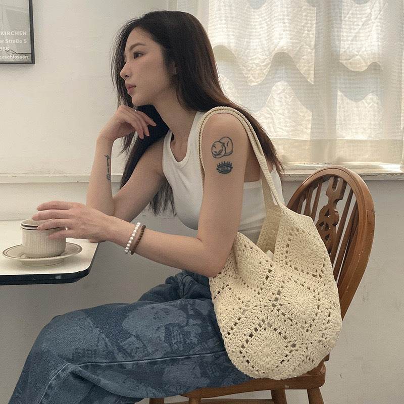 Korean Style Handwoven Cotton Bag with Linen Lining &amp; Magnetic Closure – Natural Rope Tote Bag for Women One-Sake.com white off khaki white off-khaki-