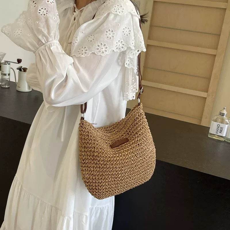 Korean Braided Crochet Shoulder Bag – 23x29cm with Zipper &amp; Lining | Adjustable Strap &amp; Natural Cotton Rope Material One-Sake.com white off khaki white off-khaki-