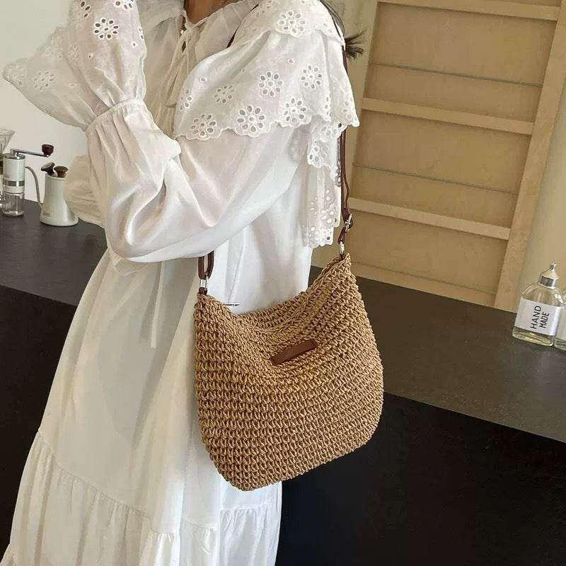 Korean Braided Crochet Shoulder Bag 23x29cm with Zipper Lining Adjustable Strap Natural Cotton Rope