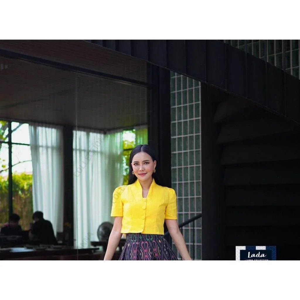 Classic Short Sleeve Collar Top – Women's Cotton Blouse in Multiple Colors | Sizes S–XL, Bust 34–40” เหลืองสด