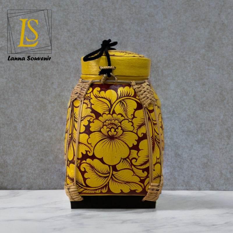 Lanna style bamboo storage box with yellow floral fabric cover and woven bamboo frame