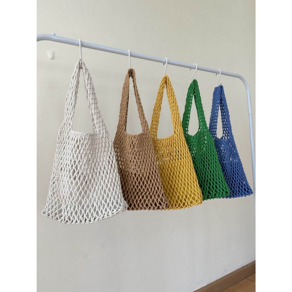 7-Color Crochet Rope Shoulder Bag with Leather Base – Handmade Cotton Tote for Women | Approx. 50cm Height One-Sake.com green White khaki White-khaki-green-purple-Blue-Yellow-Black-