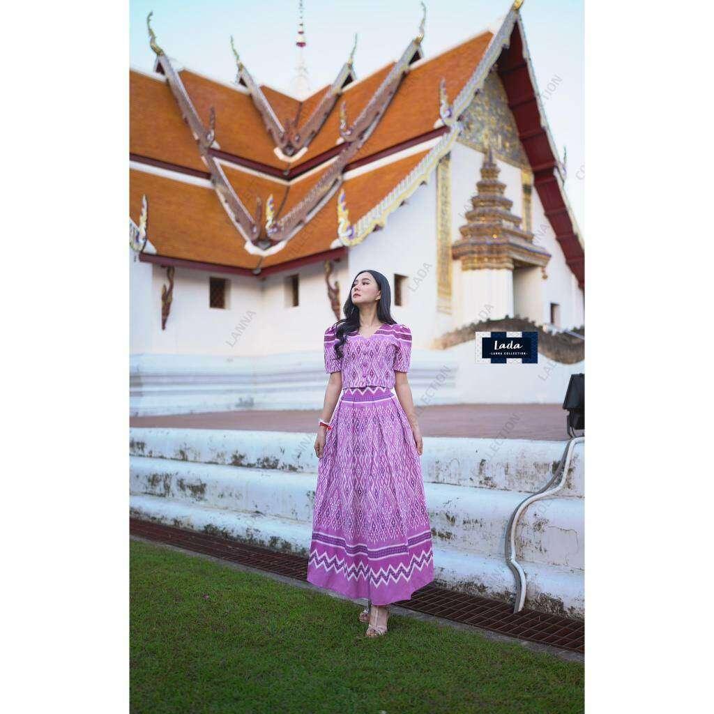 Pastel Print Cotton Set: Button Top & Pleated Skirt – S–XL Sizes | Women's Traditional Thai-Inspired Attire
