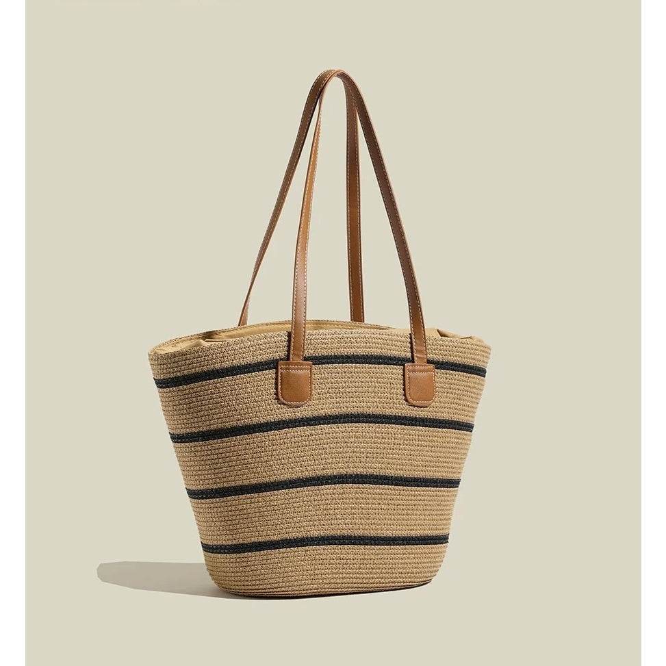 Handwoven Rattan Bag with Leather Strap – Elegant Shoulder Tote for Women | 42cm x 44cm Size – Natural Style Fashion Accessory One-Sake.com khaki khaki-