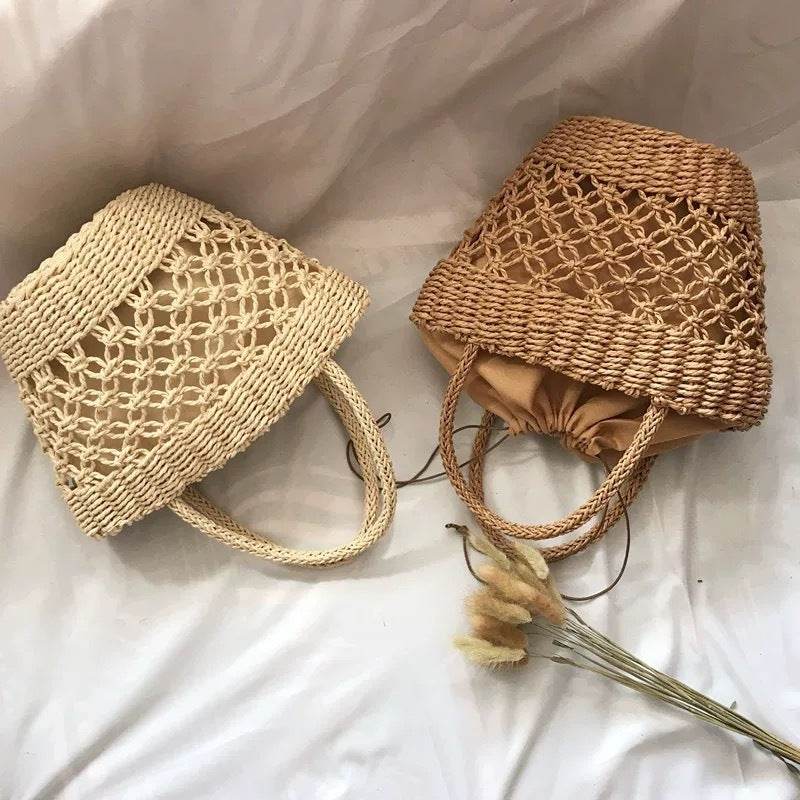 New Korean Handmade Woven Tote Bag for Women – Cotton Rope &amp; Natural Material with Inner Pocket | 2 Color Options One-Sake.com off white khaki off white-khaki-