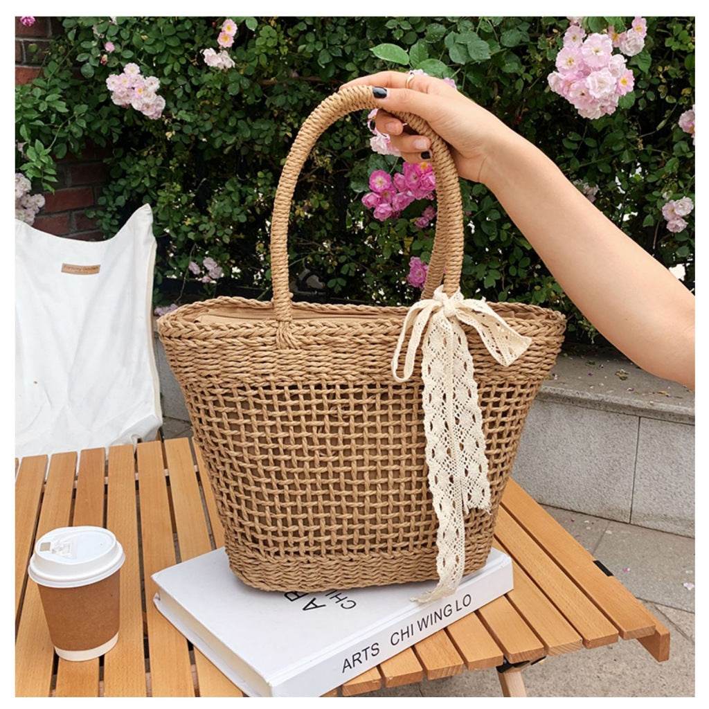 Japanese &amp; Korean Style Woven Tote Bag – Large Capacity Handmade Cotton Rope Bag in 2 Colors | Shoulder Tote 39cm Width One-Sake.com white off brown white off-brown-
