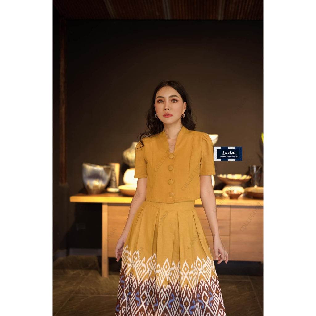 Soft Color 2-Piece Cotton Set with Collar Top &amp; Pleated Skirt – Mustard Yellow, Sky Blue &amp; Purple | Flattering Fit for Women One-Sake.com ม่วง / L ม่วง / S ม่วง / M ม่วง / S-ม่วง / M-ม่วง / L-ม่วง / XL-เหลือง / S-เหลือง / M-เหลือง / L-เหลือง / XL-ฟ้า / S-ฟ้า / M-ฟ้า / L-ฟ้า / XL-