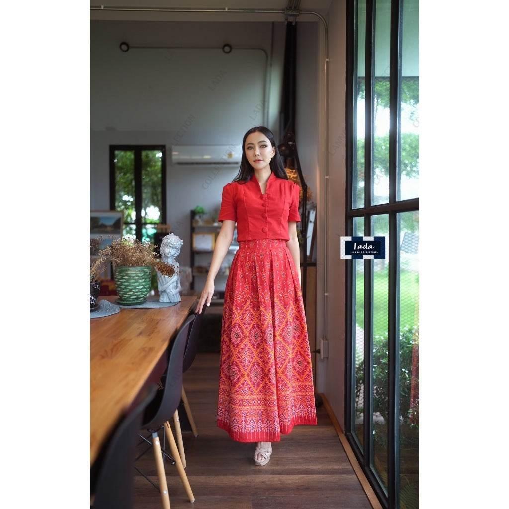 Kalasin Praewa Print Cotton Set – Classic Collar Top & High-Waisted Pleated Skirt in Red, Wine, Mustard, Blue & Purple