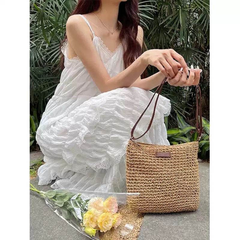 Korean Braided Crochet Shoulder Bag – 23x29cm with Zipper &amp; Lining | Adjustable Strap &amp; Natural Cotton Rope Material One-Sake.com white off khaki white off-khaki-