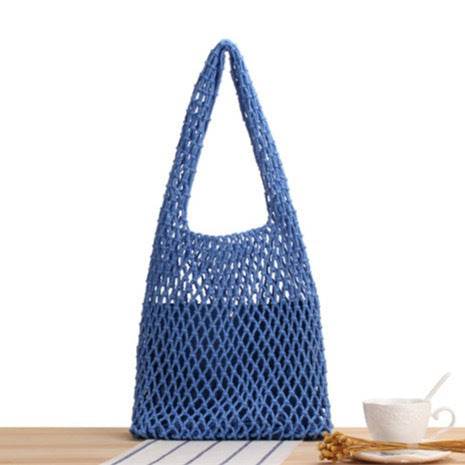 7-Color Crochet Rope Shoulder Bag with Leather Base – Handmade Cotton Tote for Women | Approx. 50cm Height One-Sake.com green White khaki White-khaki-green-purple-Blue-Yellow-Black-