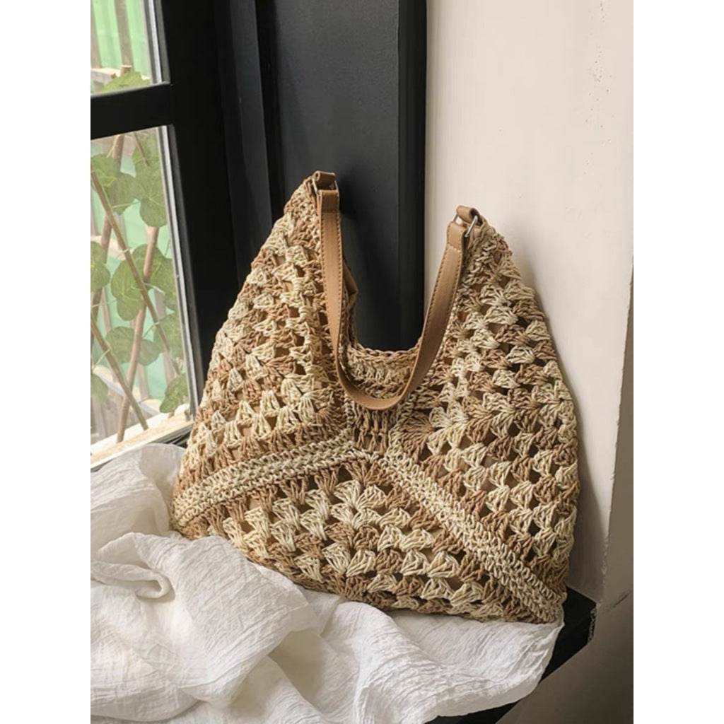 New Korean Style Crochet Shoulder Bag – Handmade Cotton Rope Tote for Women | Square 35cm x 35cm with 32cm Strap One-Sake.com khaki black khaki-black-