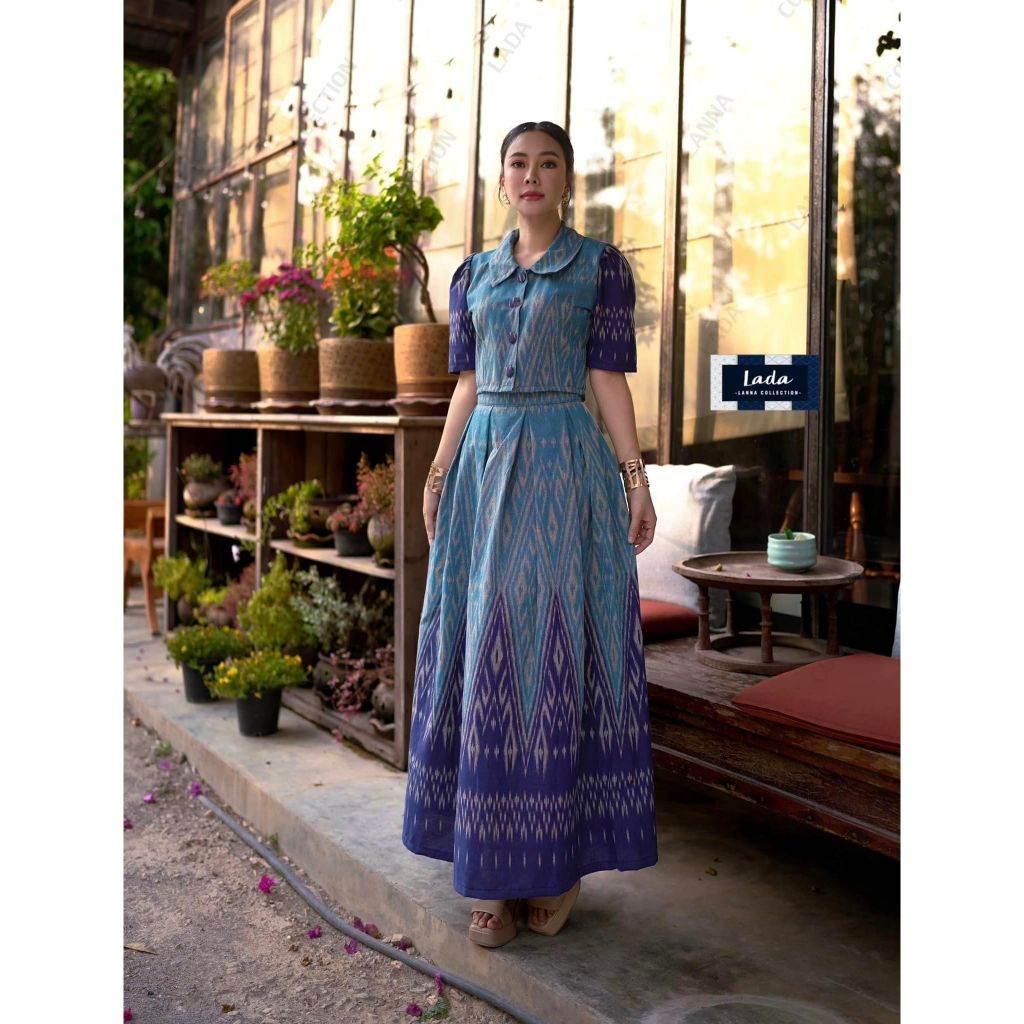 New Two-Tone Lotus Collar Crop Top Set and Pleated Skirt – Women's Traditional Thai Cotton Outfit in Yellow, Sky Blue, Pink