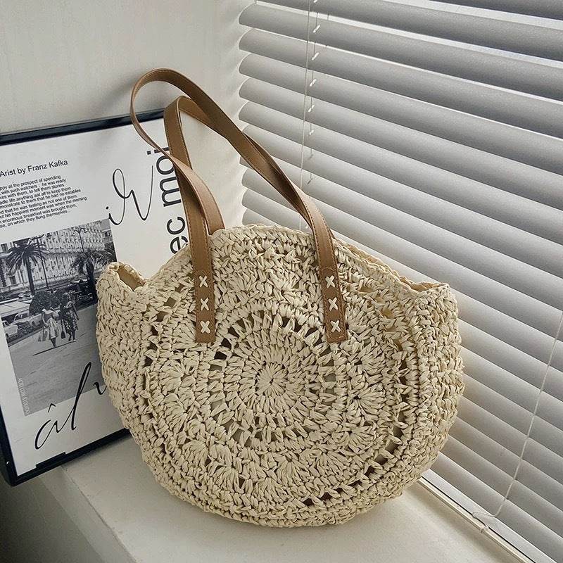 New Handwoven Big Round Bag with Leather Strap – 44cm Width Cotton Rope Tote for Women | Unique Crochet Pattern &amp; Natural Texture One-Sake.com off white-2 off white-1 khaki-1 off white-1-khaki-1-off white-2-khaki-2-