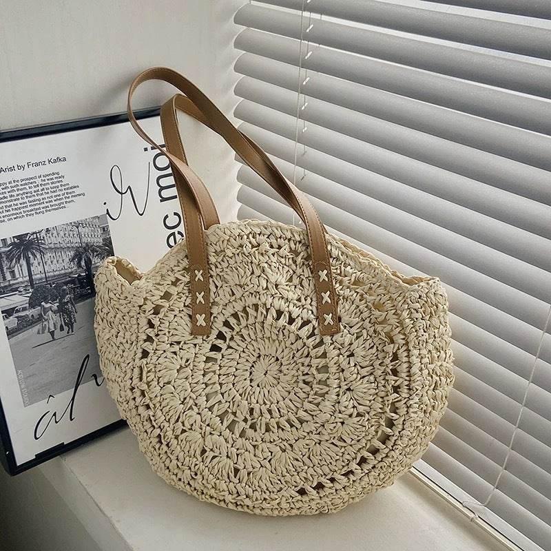New Handwoven Round Tote Bag with Leather Strap – 44cm Cotton Rope Bag for Women | Unique Crochet Design & Natural Texture