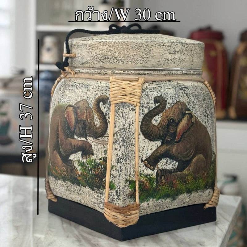 Handmade Thai decorative tray with elephant design and woven accents measuring 30 by 37 cm
