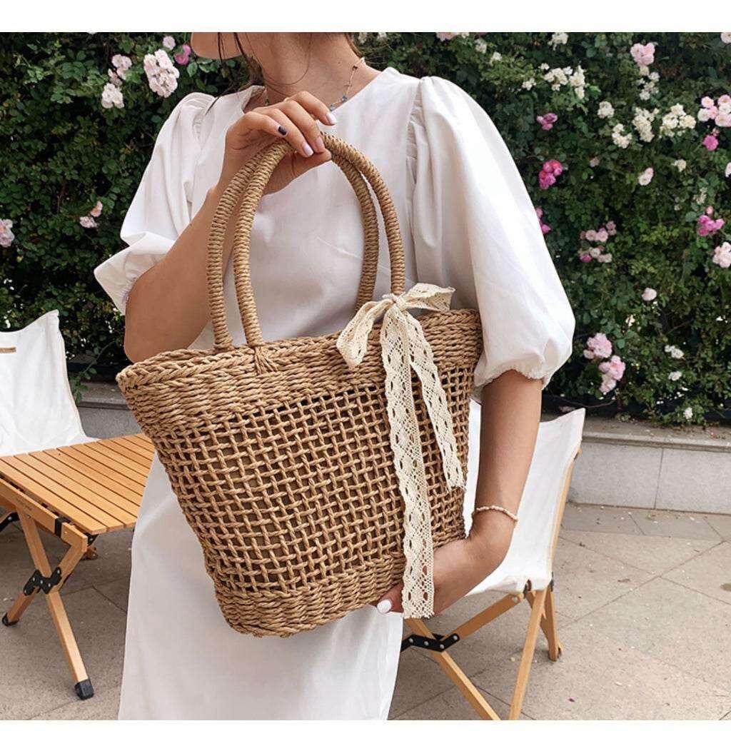 Japanese Korean Woven Tote Bag - Large Capacity Handmade Cotton Rope Shoulder Bag 39cm Width, Available in 2 Colors