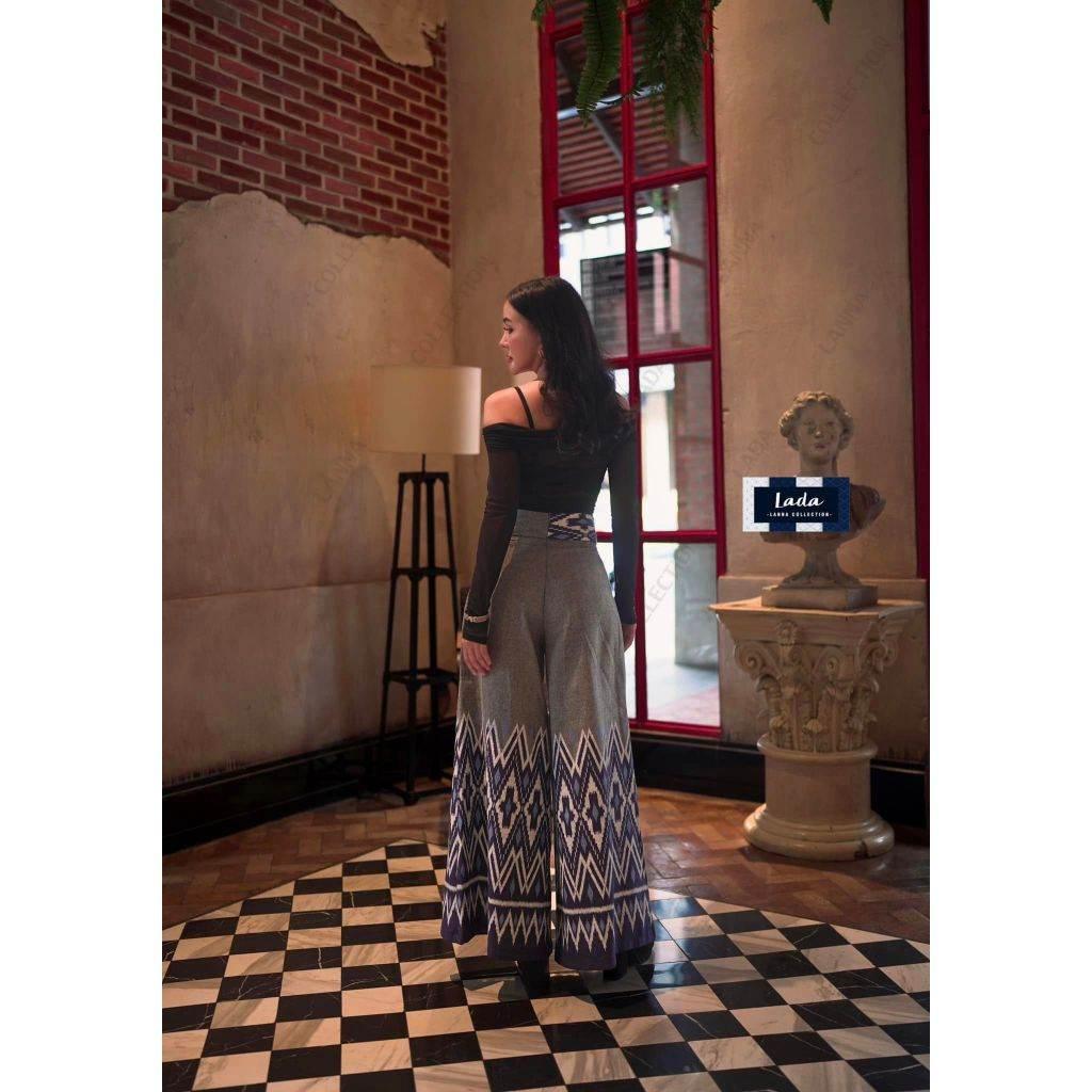 New Banana Leaf Print Flared Cotton Pants in Gray & Navy Blue - High-Waisted Wide Leg Trousers for Women Sizes S–XL
